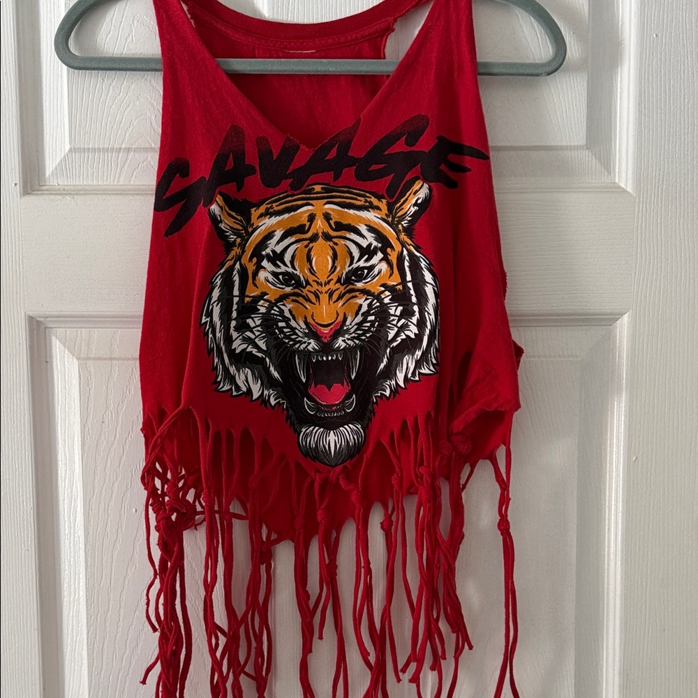 Red Women’s Fringe Tank Top with Tiger Graphic